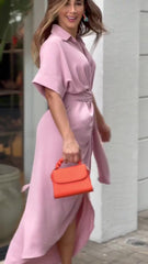 Essence Satin Tie Front Midi Shirt Dress - Lavender Ins Street