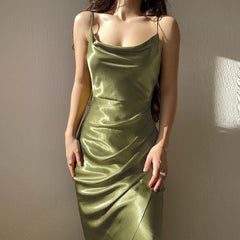 Turn Of Events Satin Midi Slip Dress - Olive SKIE-001