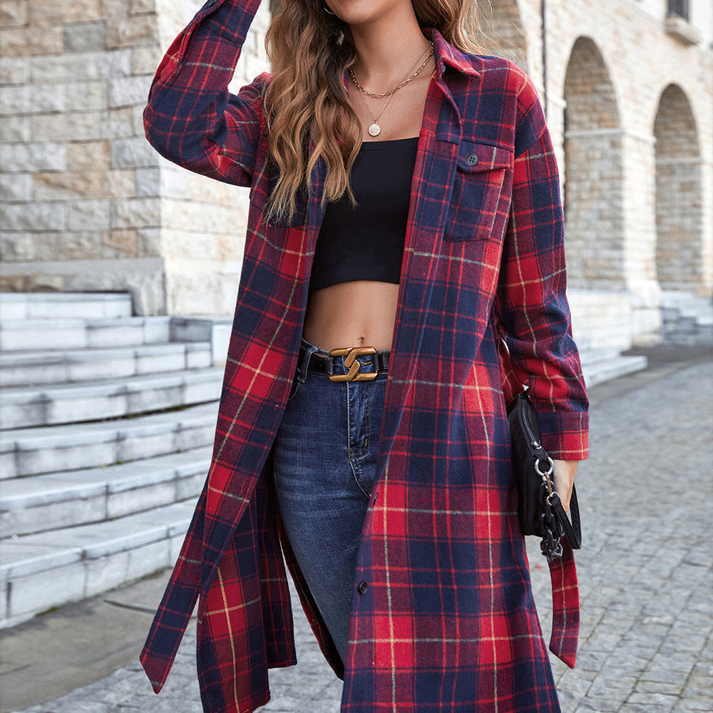 Plaid Belted Button Down Longline Shirt Jacket Ins Street