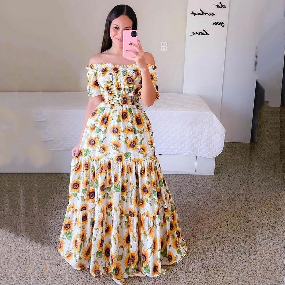 Short Sleeve Patchwork Off Shoulder Floor-Length Casual Women's Dress Ins street