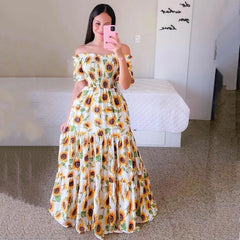 Short Sleeve Patchwork Off Shoulder Floor-Length Casual Women's Dress Ins street