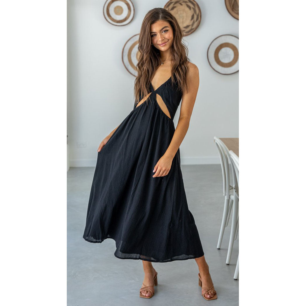 Veronique Cotton Blend Cutout Maxi Dress - Black - FINAL SALE FATE-001