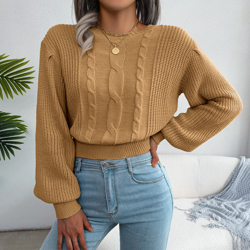 Mixed Knit Lantern Sleeve Round Neck Sweater Ins Street