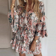 Kaleb Floral Adjustable Balloon Sleeve Dress Ins Street