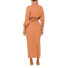 Essence Satin Tie Front Midi Shirt Dress - Orange Ins Street