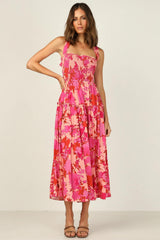 Edris Cotton Floral Tiered Midi Dress - Coral Pink Ins Street