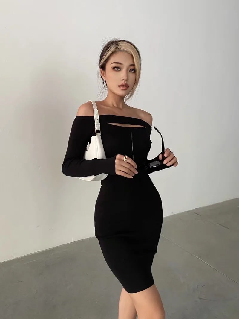 Victory Ribbed Off The Shoulder Midi Dress - Black Ins Street