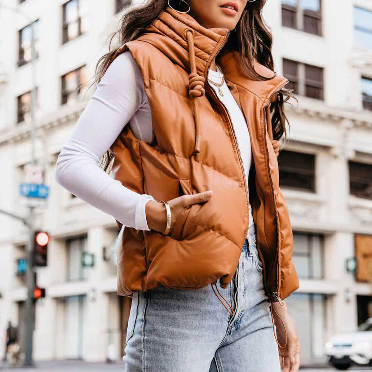 Adler Pocketed Hooded Faux Leather Puffer Vest - Camel AAA-001