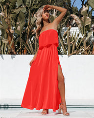 Vivid Strapless Slit Maxi Dress - Bright Orange Ins Street