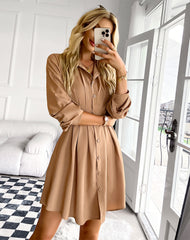 Sarabeth Pintuck Button Down Shirt Dress - Camel ENTR-001