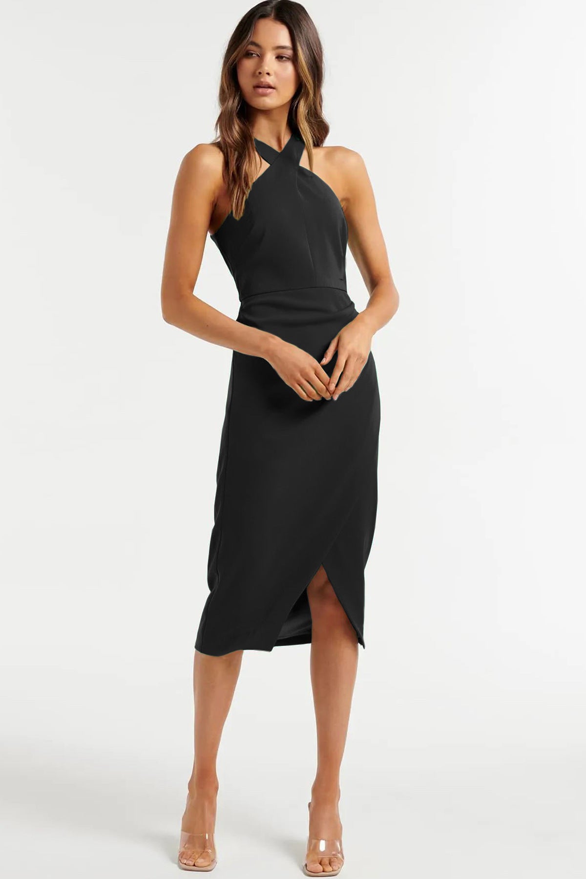 Havyn Satin Asymmetrical Halter Midi Dress - Black Ins Street