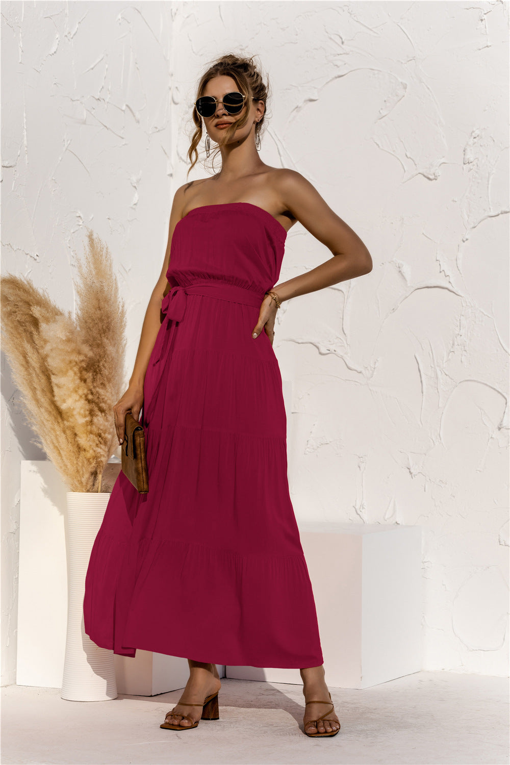 Free Falling Strapless Tiered Maxi Dress - Merlot Ins Street