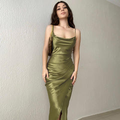 Turn Of Events Satin Midi Slip Dress - Olive SKIE-001