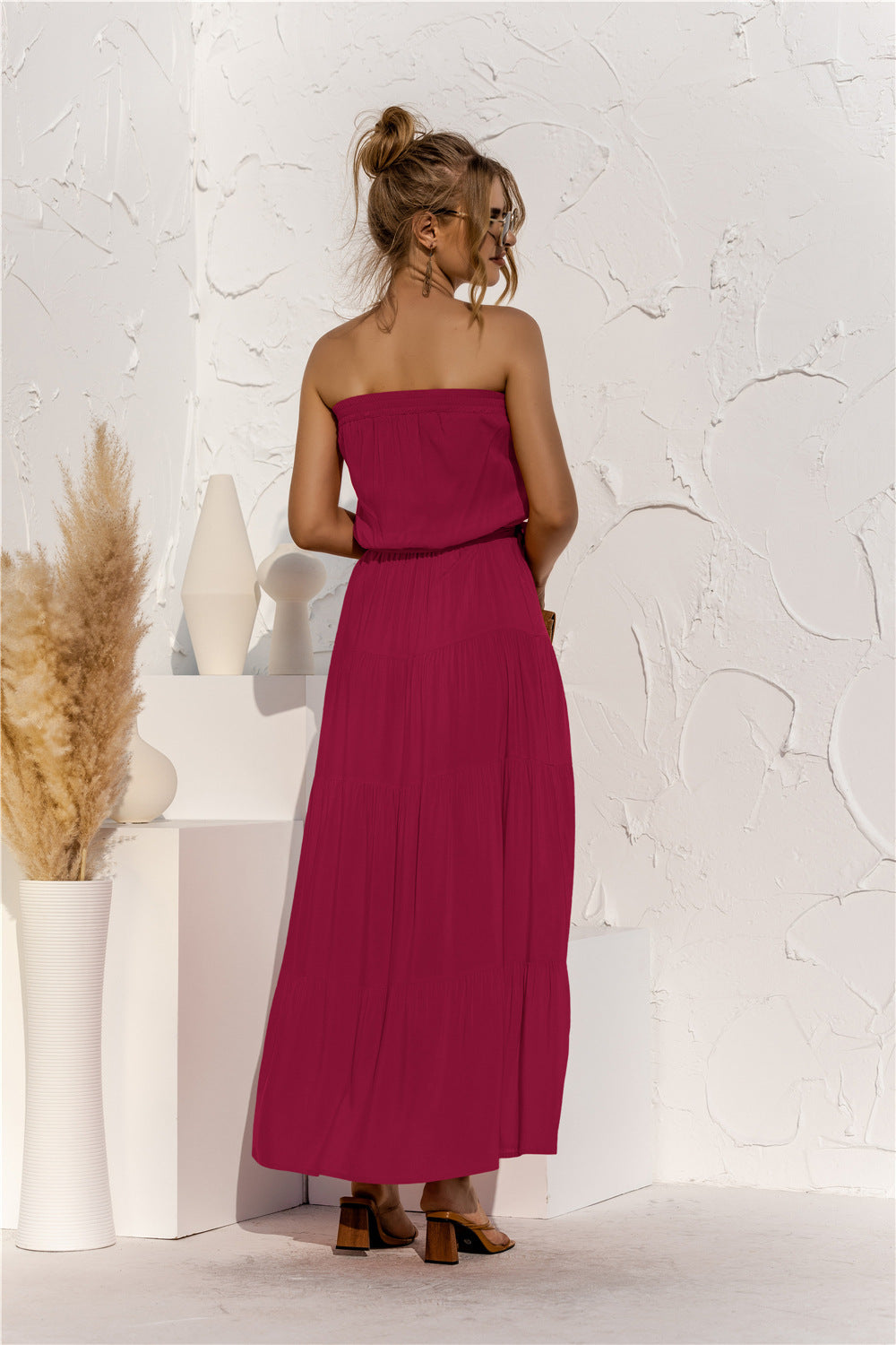 Free Falling Strapless Tiered Maxi Dress - Merlot Ins Street