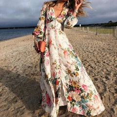 Long Sleeve Floor-Length V-Neck Split Summer Women's Dress Ins street