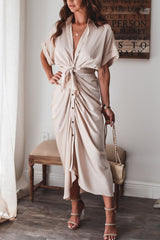 Luv Satin Tie Front Midi Shirt Dress - Champagne Ins Street