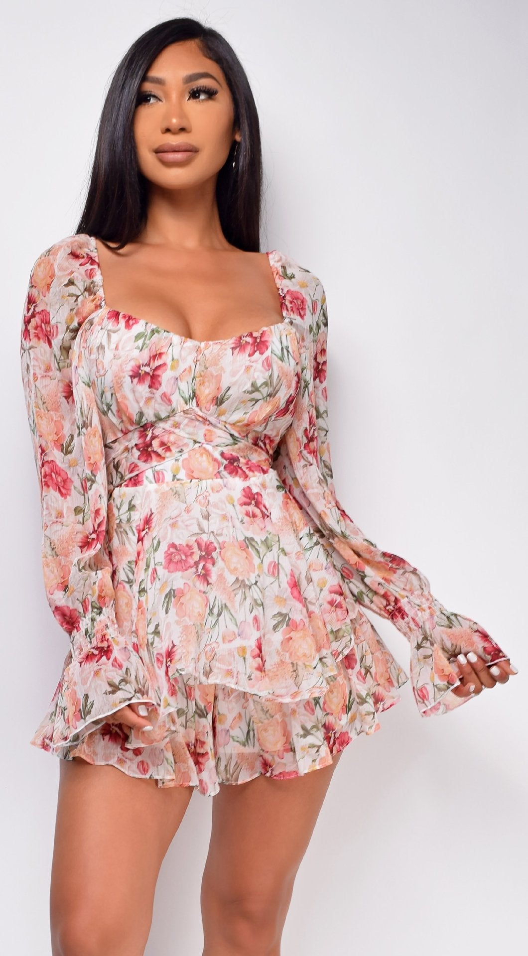 Esperanza Floral Adjustable Balloon Sleeve Dress Ins Street