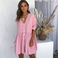 Palmer Pocketed Button Down Babydoll Dress - Pink Ins Street