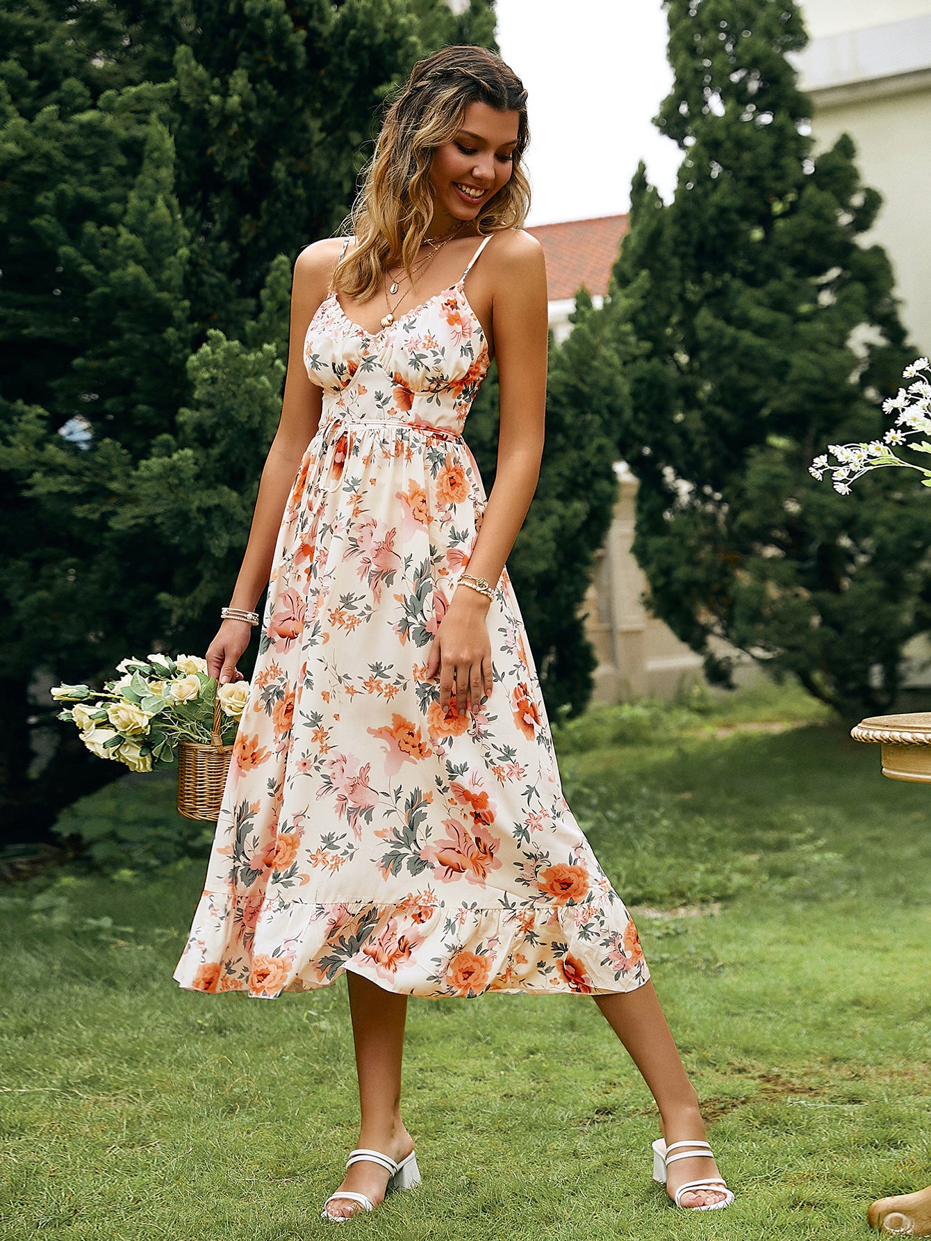 Vintage Soul Floral Tiered Midi Dress Ins Street