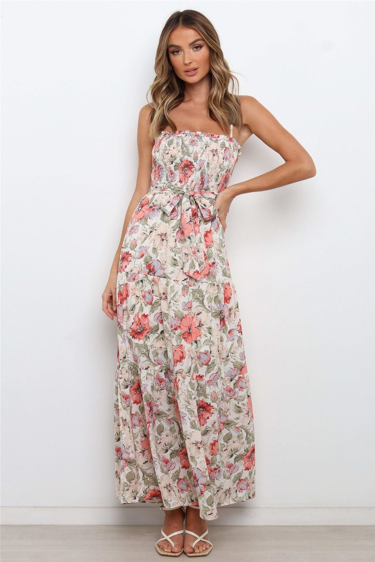 Lilyanne Floral Smocked Tie Strap Maxi Dress - Blush Multi Ins Street