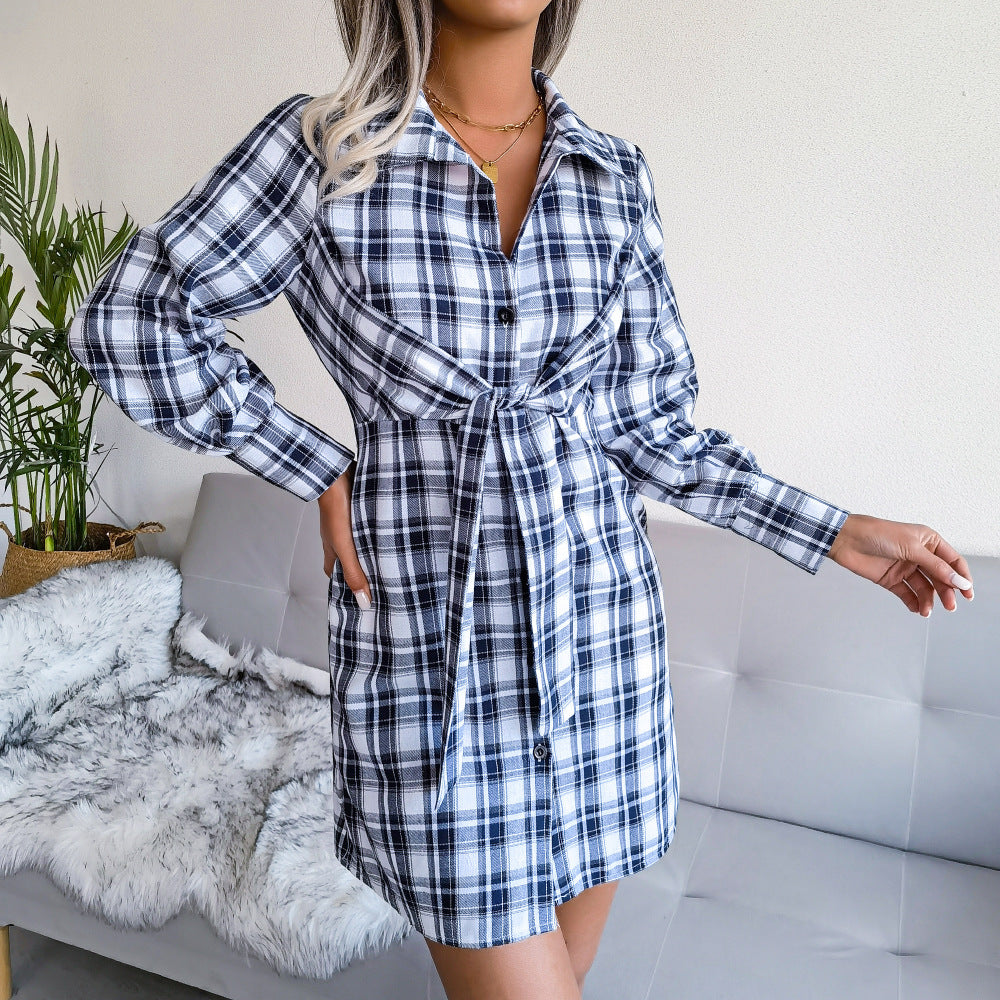 Klay Cotton Plaid Button Down Shirt Dress - Blue - FINAL SALE Ins Street