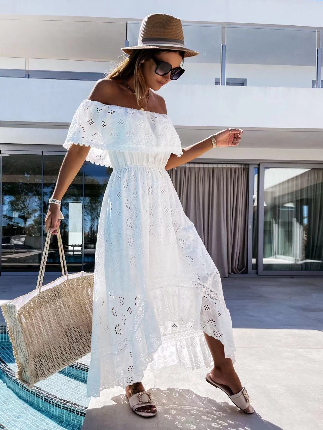 Hollow Short Sleeve Floor-Length Dress Women's Dress Ins street