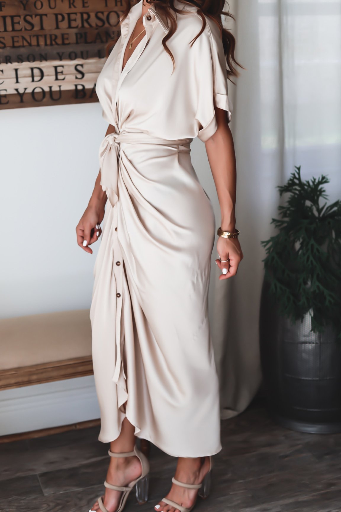 Luv Satin Tie Front Midi Shirt Dress - Champagne Ins Street