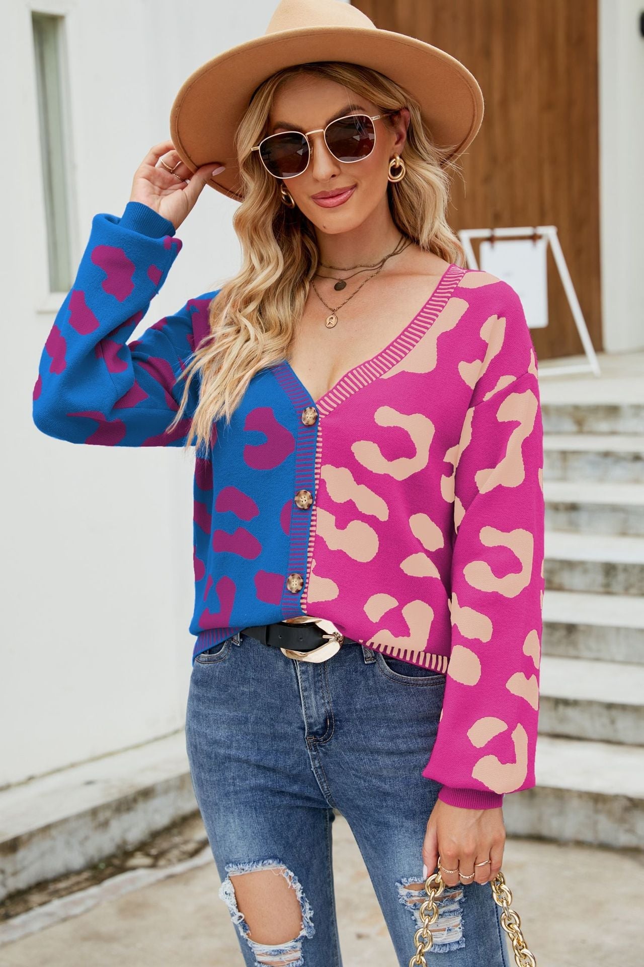 Leopard Print Button Down Dropped Shoulder Cardigan Ins Street