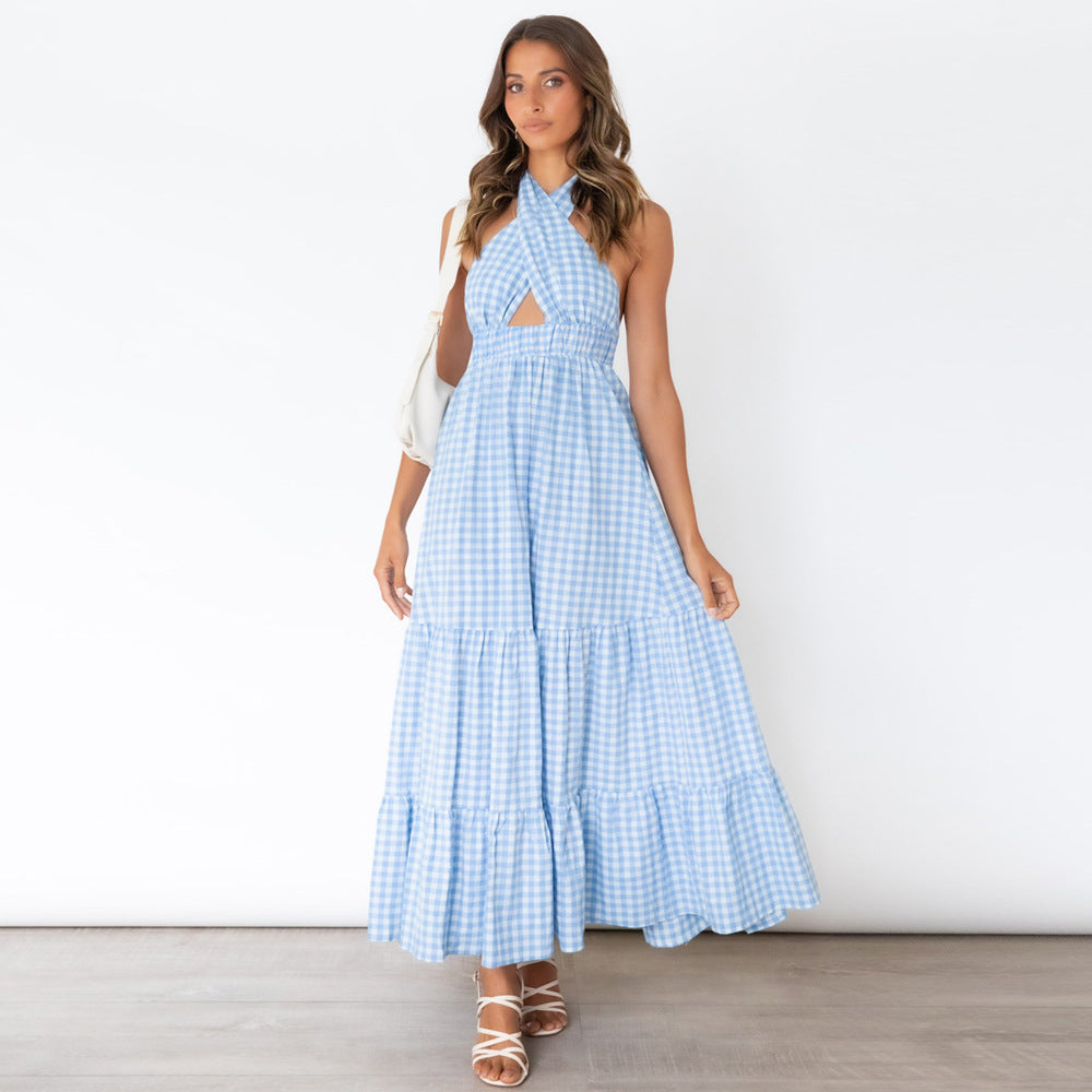 Pom Cotton Gingham Halter Midi Dress - Blue Ins Street