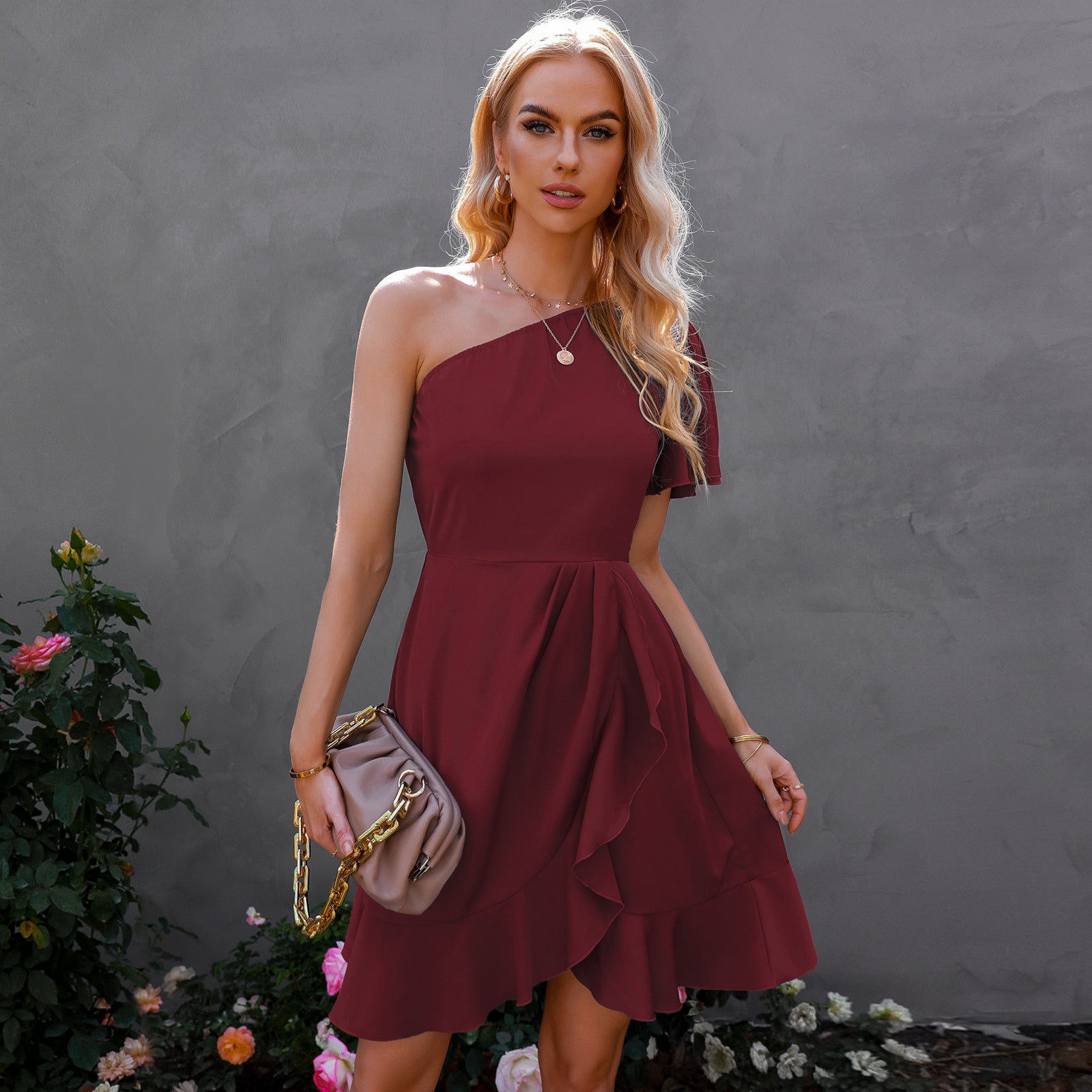 Kaine Satin One Shoulder Ruffle Dress - Red - FINAL SALE Ins Street