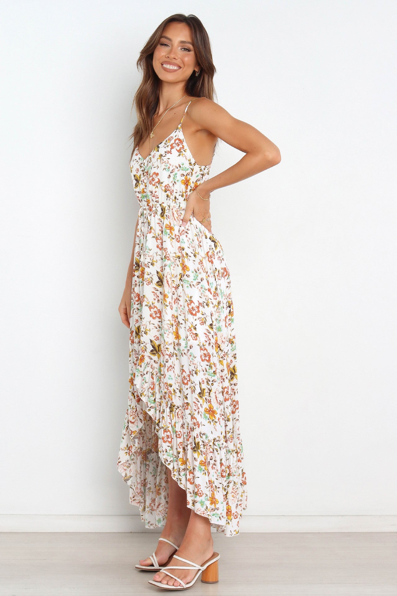 Bingham Satin Floral Ruffle Maxi Dress - Cream InsStreet