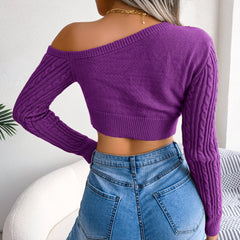 Mixed Knit One-Shoulder Cropped Sweater Ins Street