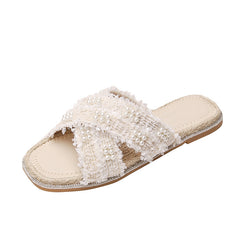 Pearl Embellished Espadrille Sandal - Beige InsStreet