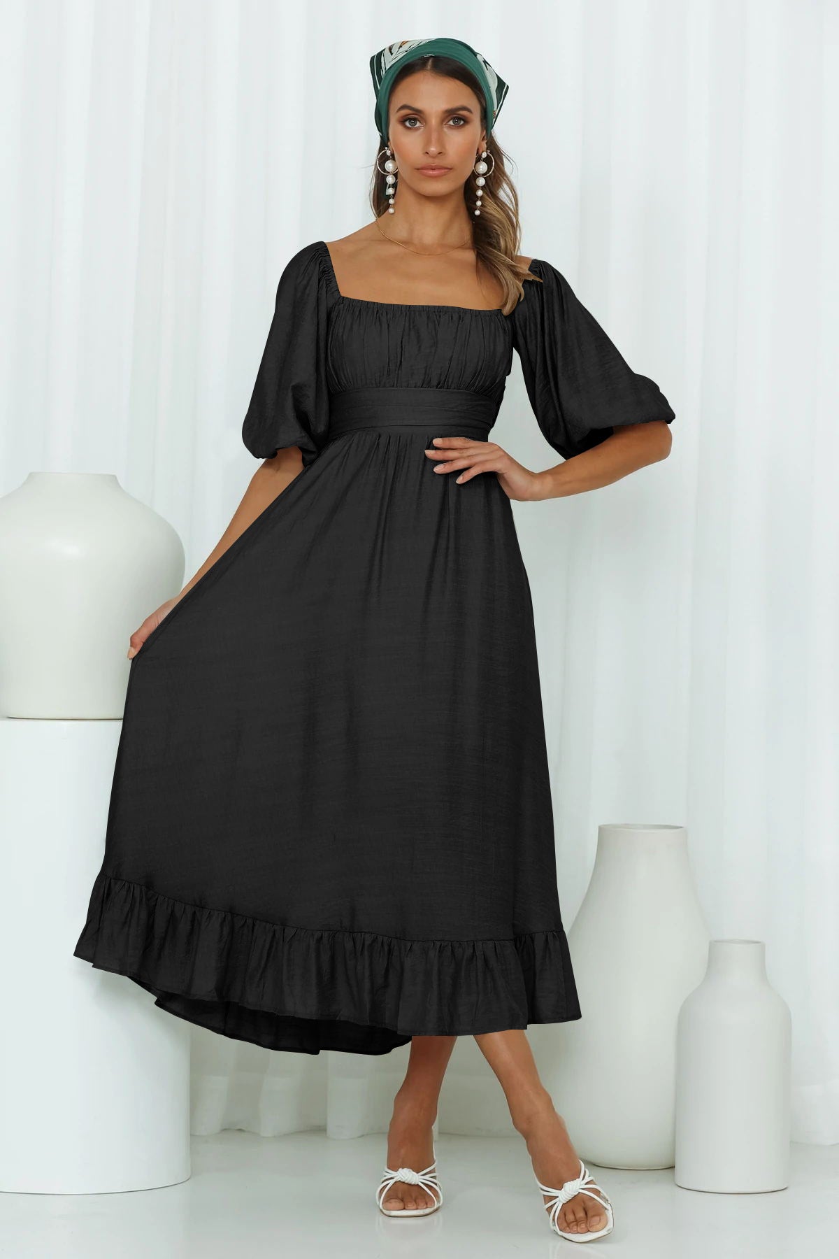 Samantha Puff Sleeve Midi Dress - Black IFB-001