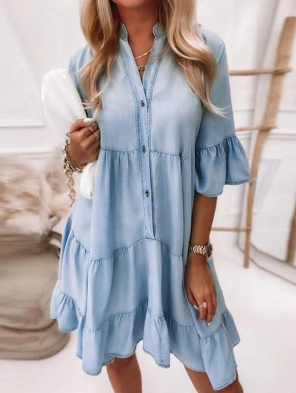 Fallbrook Puff Sleeve Denim Babydoll Dress Ins Street