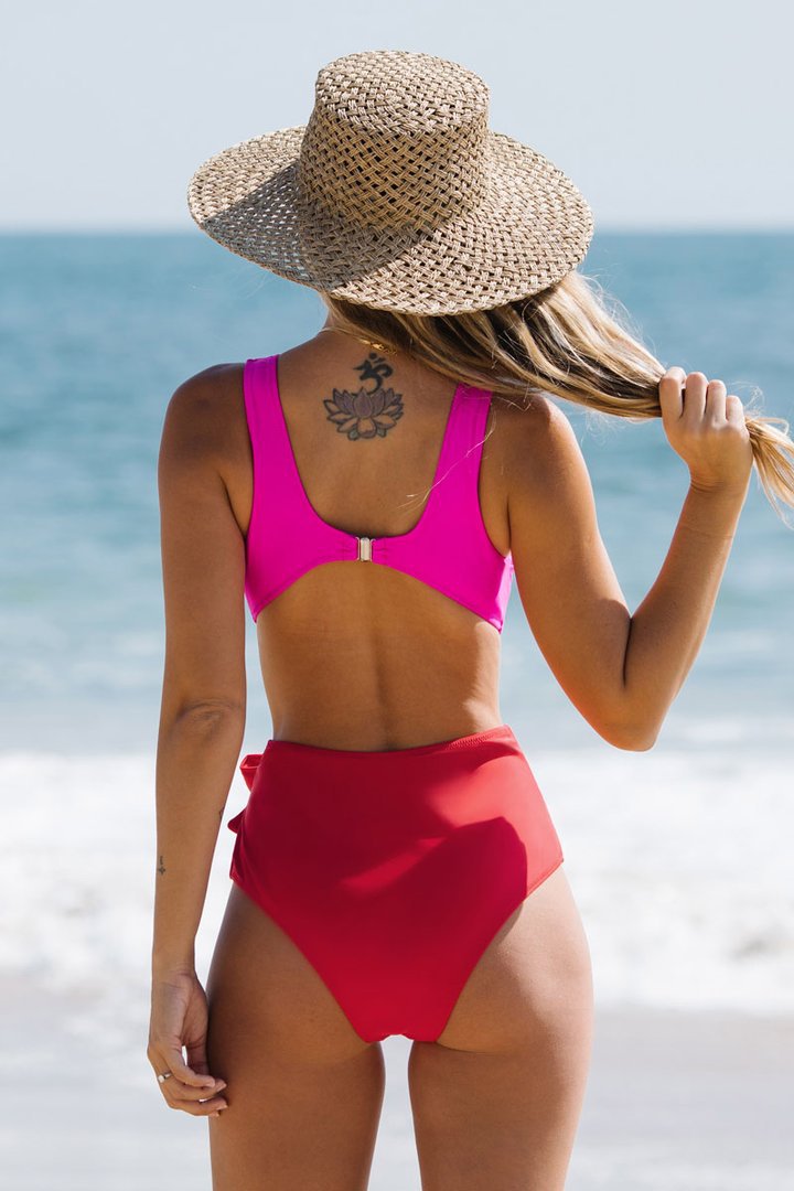 Yacht Colorblock Halter One Piece - Red Pink Ins Street