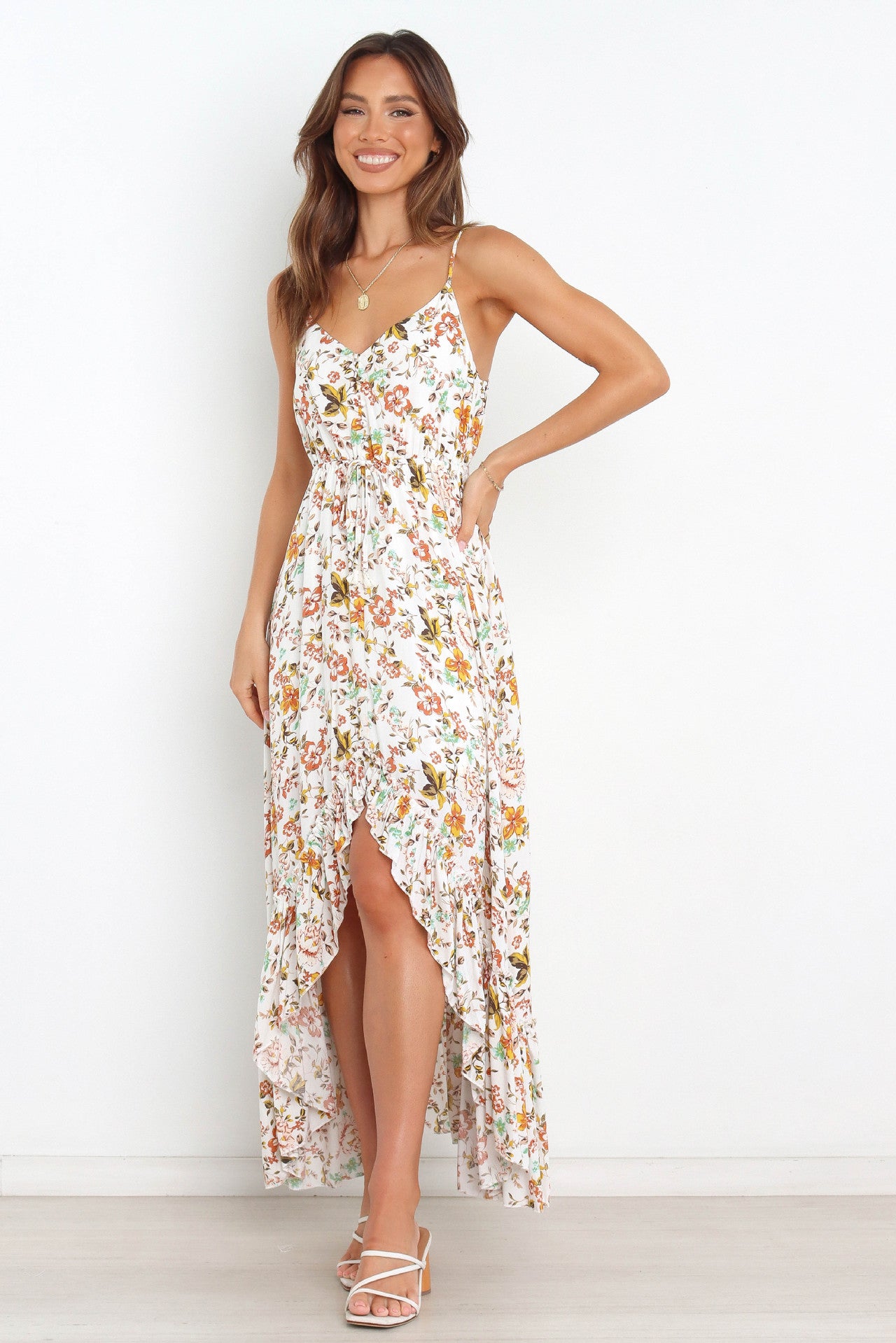 Bingham Satin Floral Ruffle Maxi Dress - Cream InsStreet