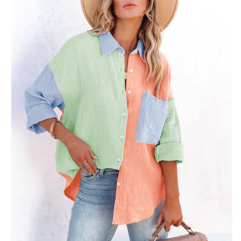 Cindy Cotton Colorblock Button Down Top - Orange Multi ACOA-001