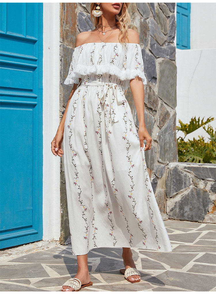 Villa Embroidered Off The Shoulder Chiffon Midi Dress Ins Street