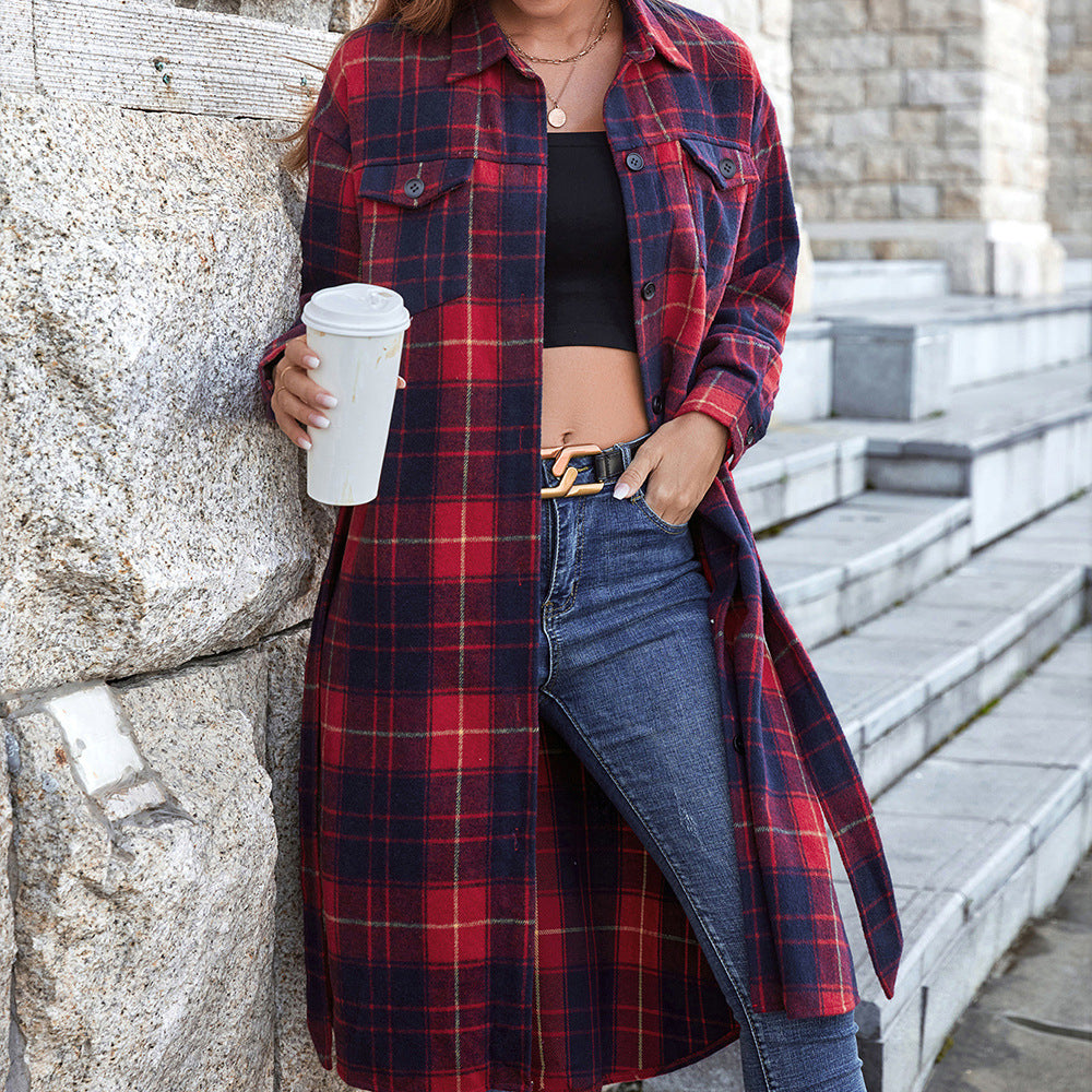 Plaid Belted Button Down Longline Shirt Jacket Ins Street