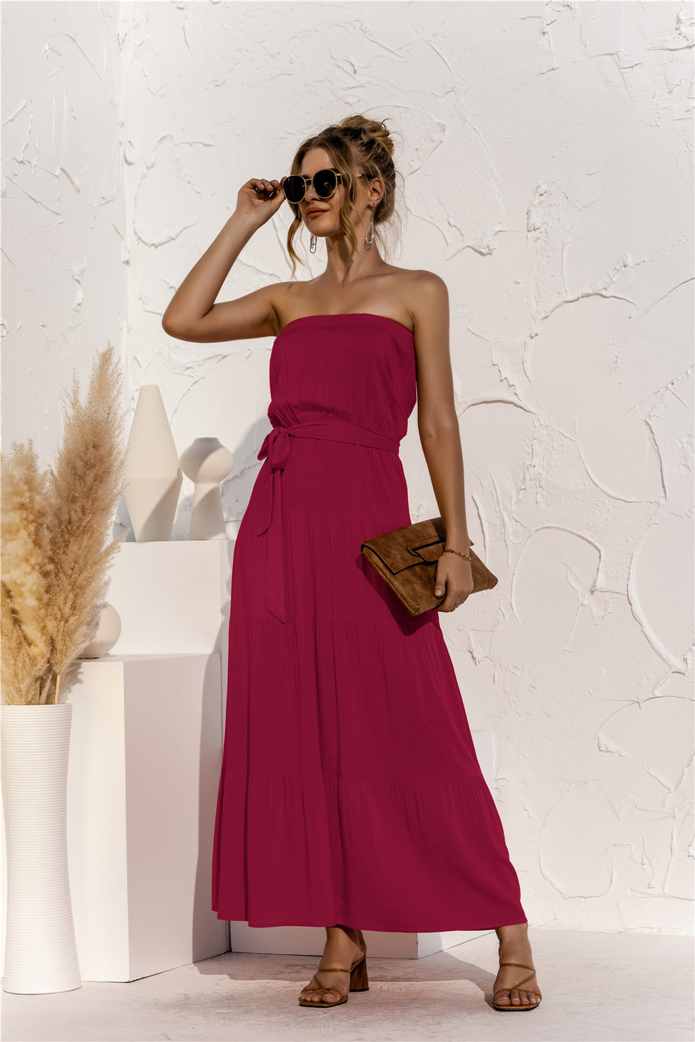 Free Falling Strapless Tiered Maxi Dress - Merlot Ins Street