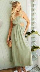 Rachelle Linen Blend Cutout Halter Maxi Dress - Light Olive Ins Street