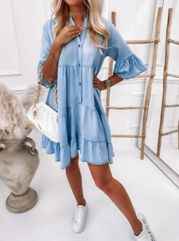 Fallbrook Puff Sleeve Denim Babydoll Dress Ins Street