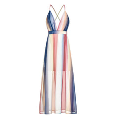 Zyva Striped Chiffon Tie Midi Dress Ins Street