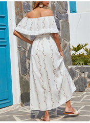 Villa Embroidered Off The Shoulder Chiffon Midi Dress Ins Street