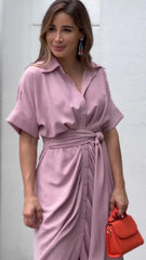 Essence Satin Tie Front Midi Shirt Dress - Lavender Ins Street