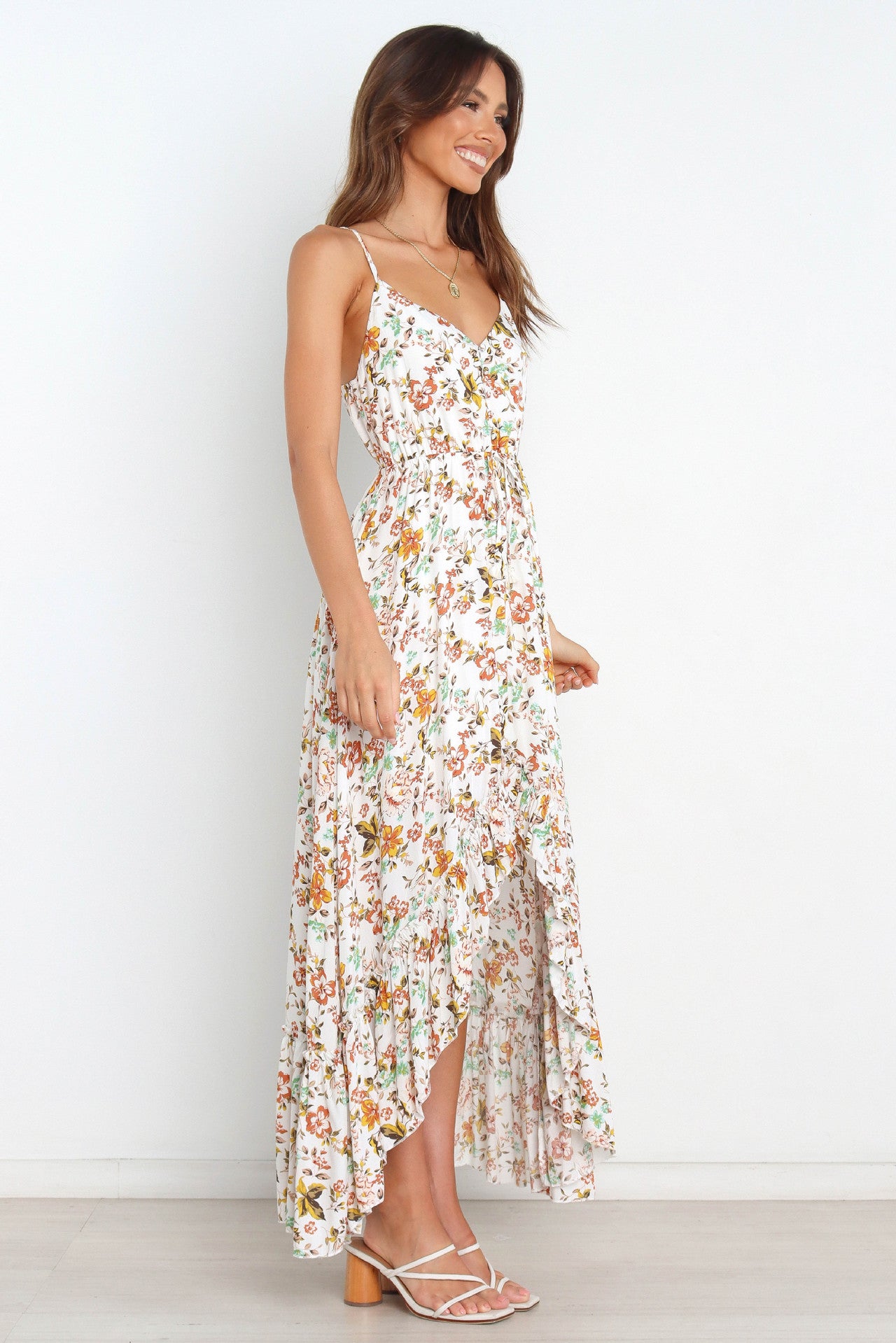 Bingham Satin Floral Ruffle Maxi Dress - Cream InsStreet