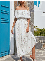 Villa Embroidered Off The Shoulder Chiffon Midi Dress Ins Street