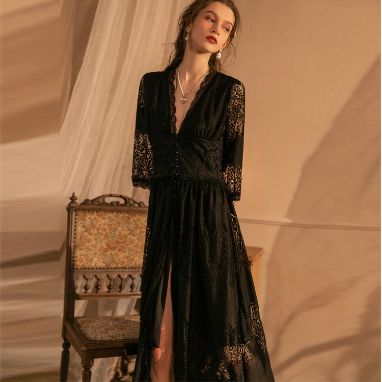 Emma Sheer Crochet Lace Maxi Dress - Black Ins Street