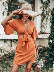 Jenner Linen Blend Tie Front Cutout Midi Dress - Orange Ins Street